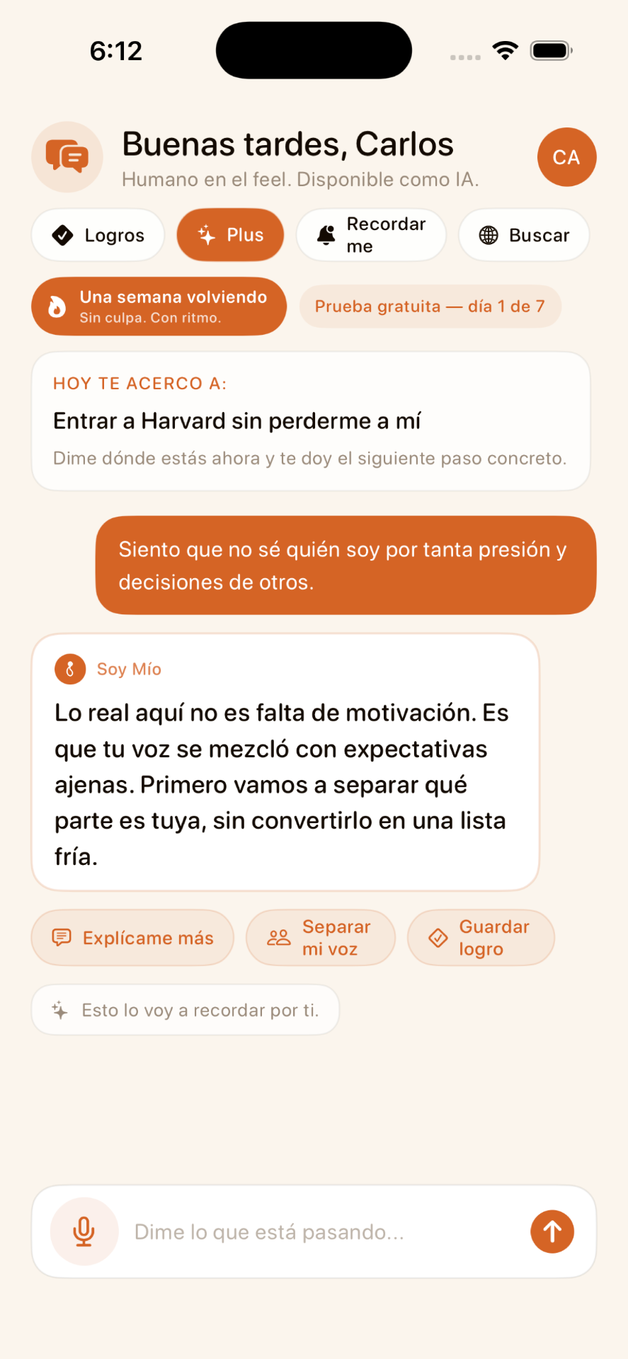 Pantalla de chat de Soy Mío con conversación cálida y contextual