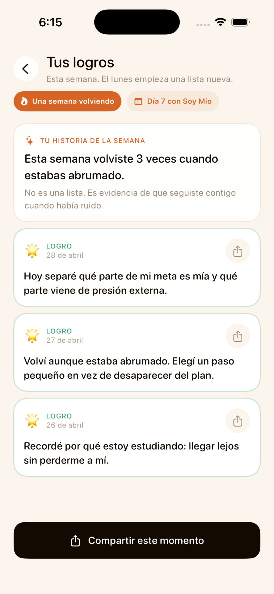 Pantalla de Soy Mío mostrando logros narrativos de la semana