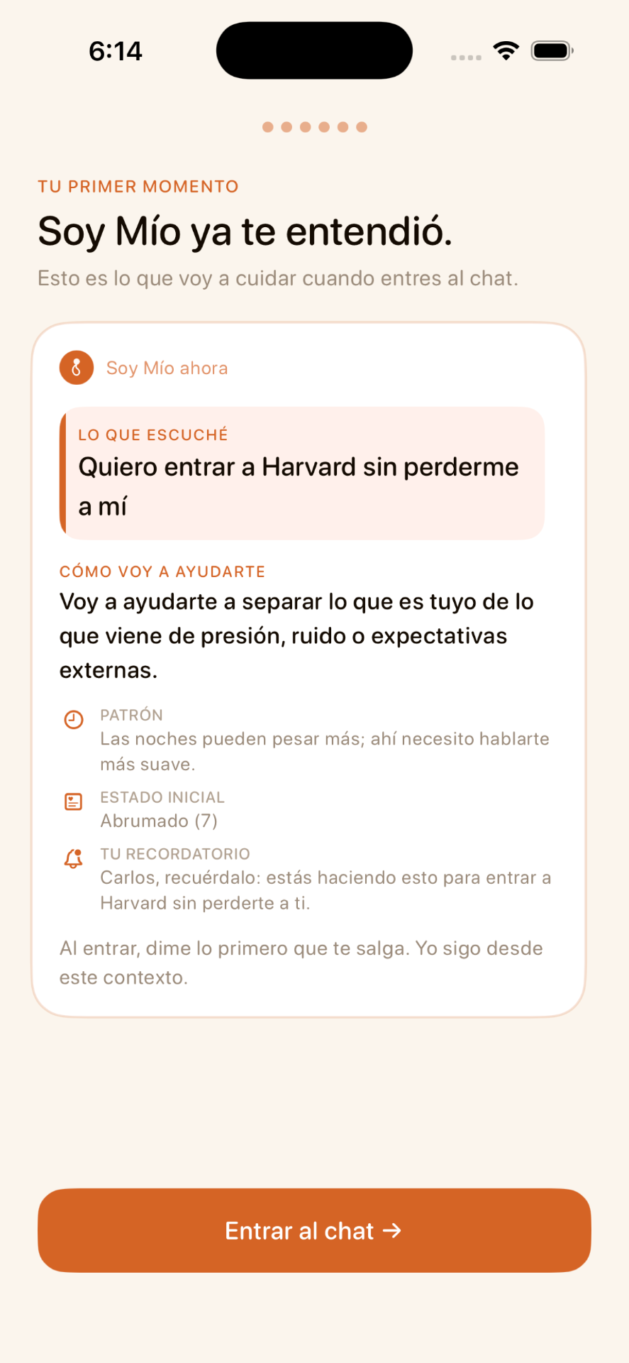 Onboarding de Soy Mío preguntando qué te está pasando hoy